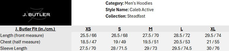 Size chart for Caleb Active Hoodie