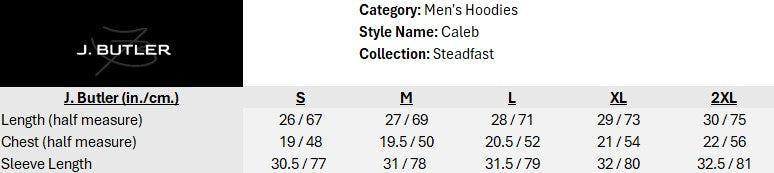Size chart for Caleb Premier Hoodie