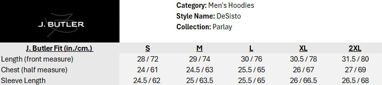 Size chart for DeSisto Comfort Hoodie