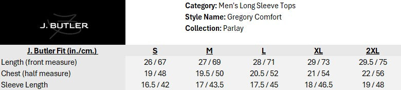 Size chart for Gregory Long Sleeve Comfort Tee