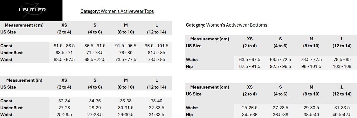 Size chart for Rachelle High Waist 7/8 Leggings Active Set