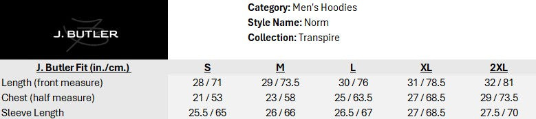 Size chart for Norm Full-Zip Hoodie